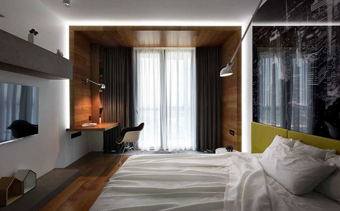 Спальня с деревянными панелями