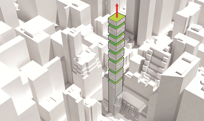 Концепт башни со сквозными зелеными террасами.