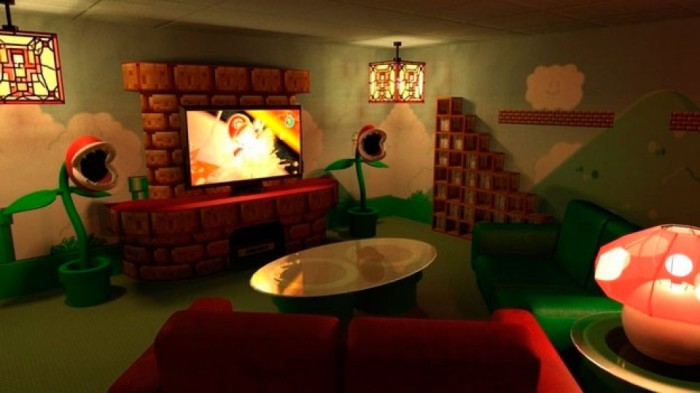 Необычный домашний кинотеатр, стилизованный под пиксельную видеоигру.