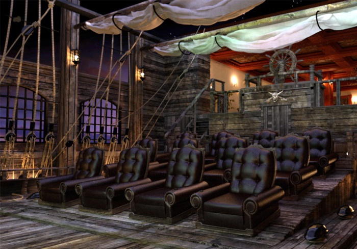 Кинотеатр в виде палубы корабля «Черная жемчужина» из фильма «Пираты Карибского моря».