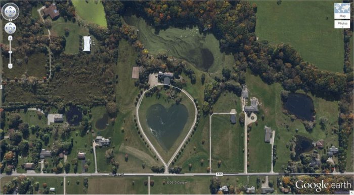 Сюрпризы, которые зафиксировал спутник Google Earth. Озеро в форме сердца. Округ Колумбия, Огайо, США
