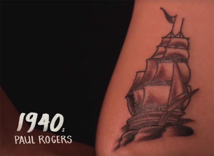 В сороковые годы двадцатого века знаменитый татуировщик Paul Rogers (Пол Роджерс) придумал рисунок в виде парусного корабля, изображенного в темных цветах.