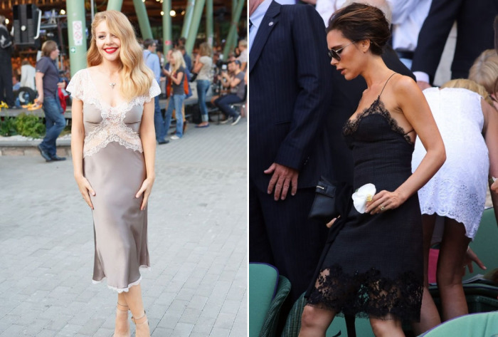Тина Кароль и Виктория Бекхэм в оригинальных платьях-комбинациях.