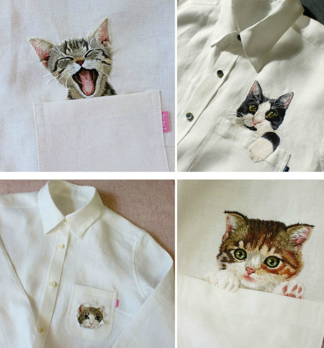 Коты, вышитые на рубашках.