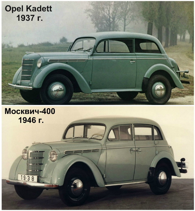 Opel Kadett, 1937 год, и «Москвич-400», 1946 год.