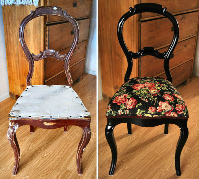 Старый обшарпанный стул превратился в настоящий дизайнерский арт-объект, благодаря покраске и новой оббивке.