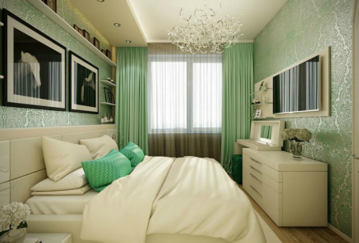 Спальня в светло-зеленом цвете.