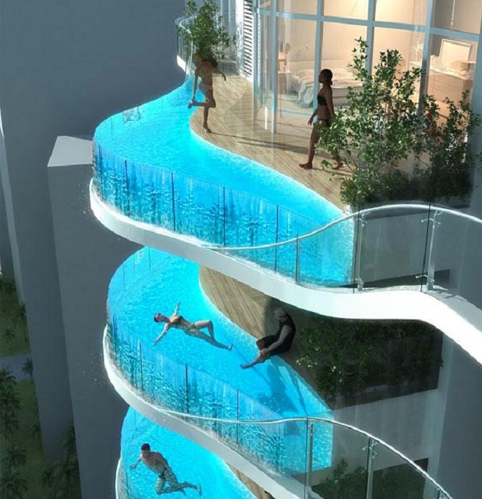 Интересный балкон бассейн, который влюбит в себя с первого взгляда.