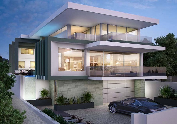 Прекрасный дизайн дома в современном стиле, который является сборной конструкцией.