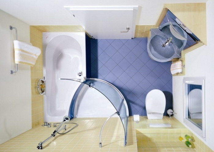 Если основные составляющие части ванной комнаты разместить в углу, то это позволит в свою очередь расширить комнату.