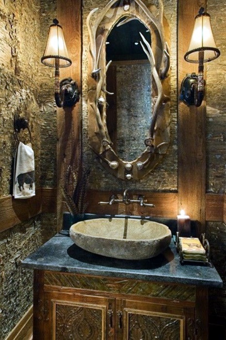 Современную ванную комнату в стиле кантри оформляют исключительно натуральными материалами.