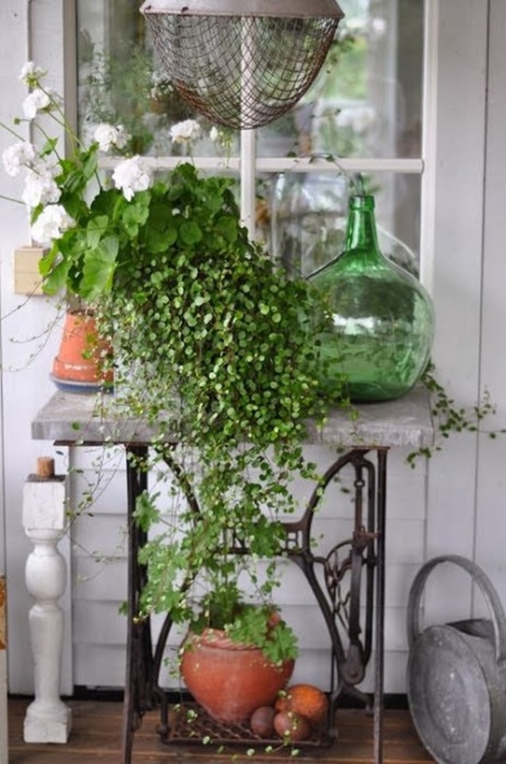 Небольшой столик для комнатных цветов и растений из старого ножного привода.