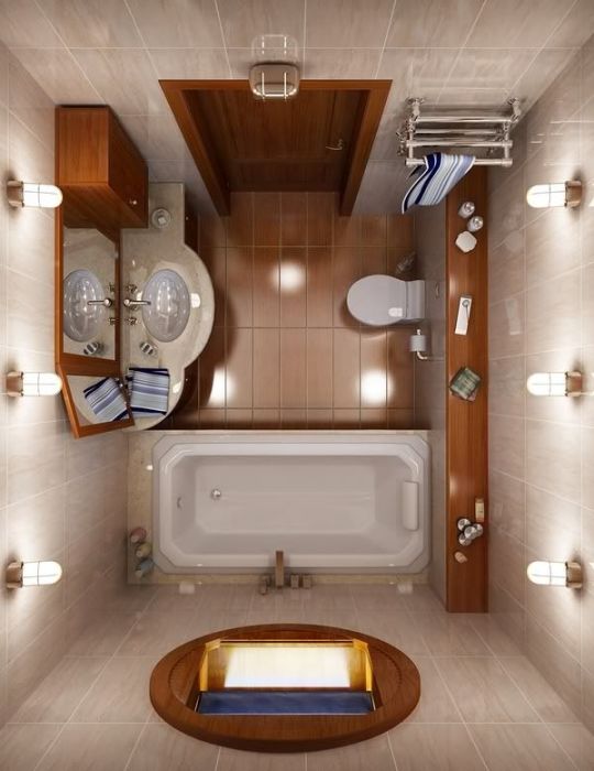 Сочетание светлого и коричневого оттенка керамической плитки в отделке ванной комнаты.