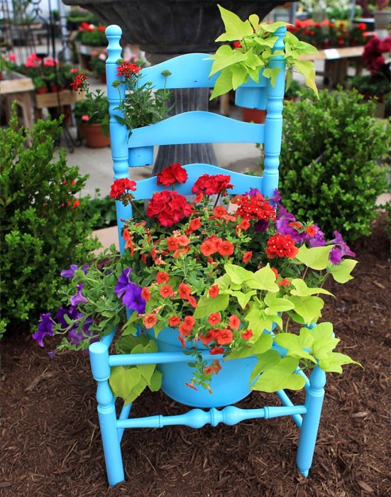 Старый деревянный стул, покрашенный в синий цвет может стать отличным основанием для нескольких кашпо. 
