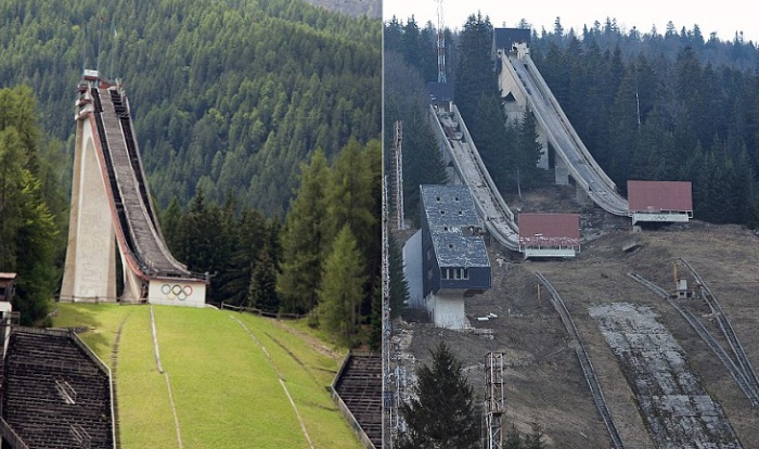 Лыжный трамплин на горе Требевич до войны и после.