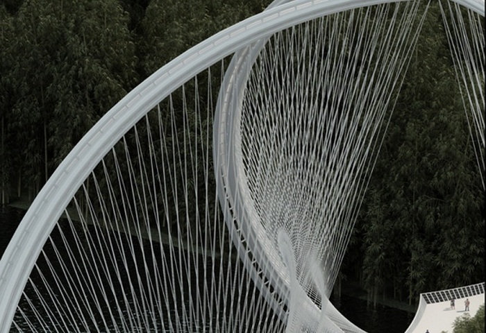 Поддерживающие стальные тросы моста.