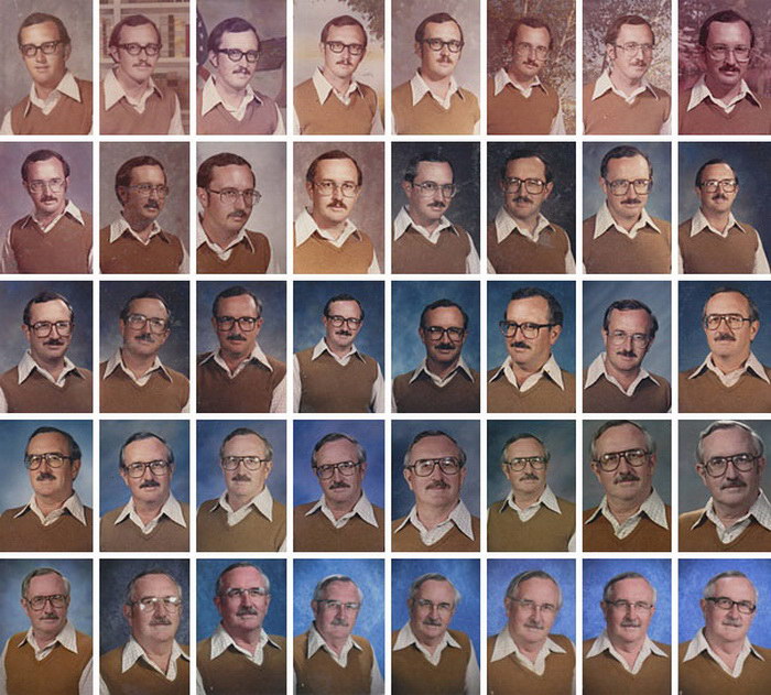 Преподаватель, который фотографируется для школьного альбома в одной и той же одежде в течении 40 лет, чтобы его запомнили.
