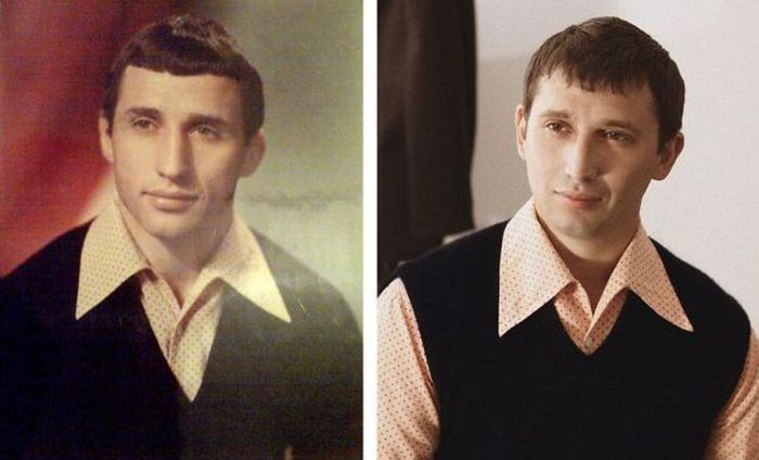 Фото отца и сына в одном и том же возрасте и в одной и той же рубашке.