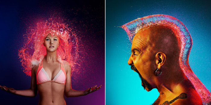 «Water Wigs» («Парики из воды») - это серия снимков, на которых у лысых людей появляются «волосы» из водных брызг.