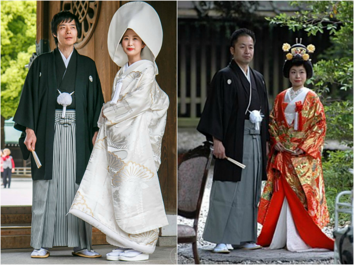 Японские традиционные костюмы жениха и невесты.