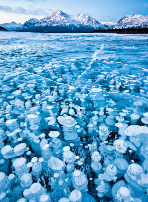 Искусственный водоем с голубой водой, на поверхности которого зимой появляется причудливый рисунок, благодаря замерзшим пузырькам метана.