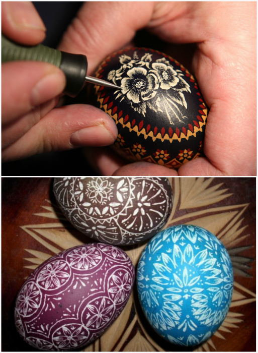 Пасхальные яйца, украшенные росписью-гравировкой.