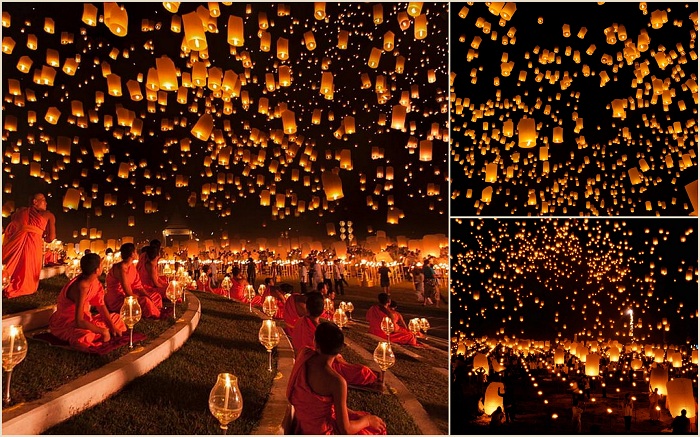 Ежегодно, каждый ноябрь в Таиланде проходит необычное и очень красивое мероприятие. В честь праздника Йи Пенг в городе Чиангмай в небо запускается огромное количество небесных фонариков. Это смотрится просто потрясающе — тысячи ярких огней медленно уплывают в темное небо.