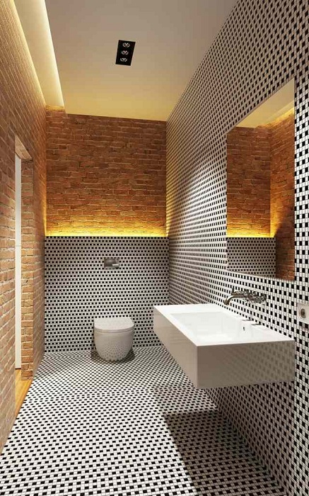 Відмінний варіант оформлення ванної кімнати з чорно-білої кладкою, що надихне.