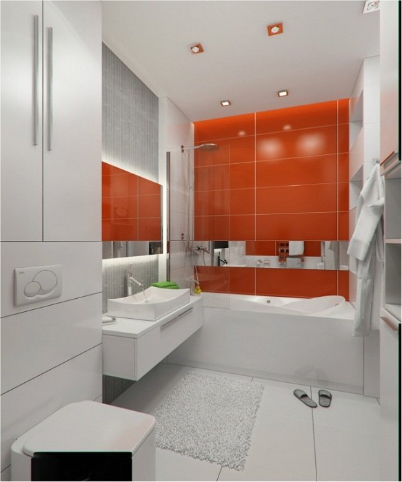 Крутий приклад оформлення ванної кімнати в білому кольорі з додаванням насиченого червоного.