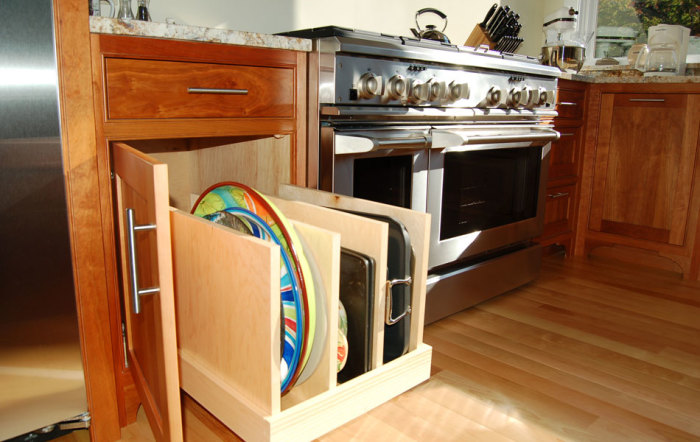 Удобная выдвижная система хранения для кухни. 