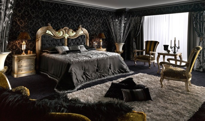 Вишуканий інтер'єр спальні в чорному кольорі. 